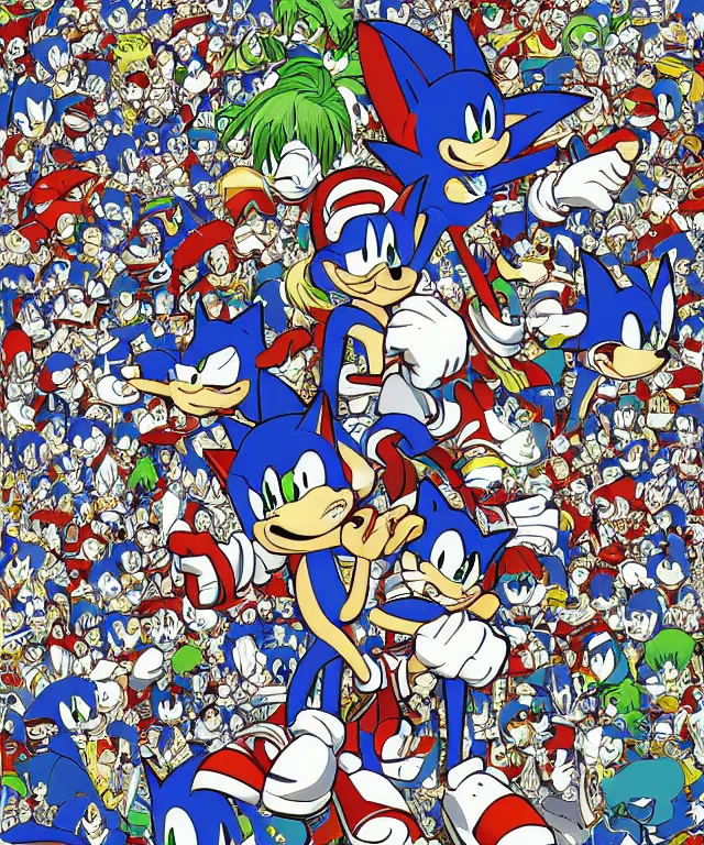 Prompt: sonic the hedgehog illustration, art by shintaro kago