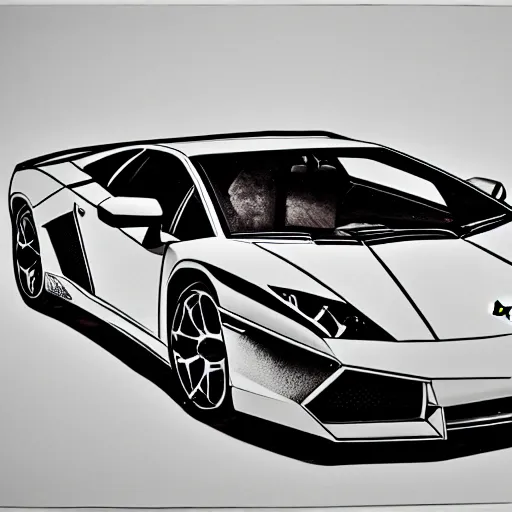 Image similar to a portrait of a Lamborghini, made by Andy Warhol, two tone, very high contrast, only black and white, simplistic, extremely high contrast, two tone, notan art, by Andy Warhol, minimalistic,