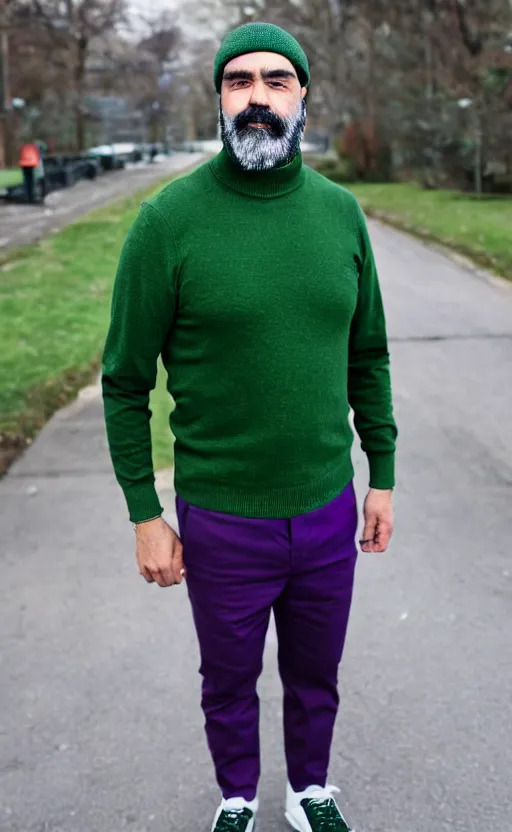 Prompt: a man with a chin - style dark brown beard without mustache in a black cap, green turtleneck, purple pants and white sneakers in full height, perfect face