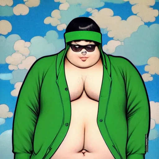 Image similar to masculine fat chonky pigeon in a green onepiece body suit, by Range Murata and Mucha