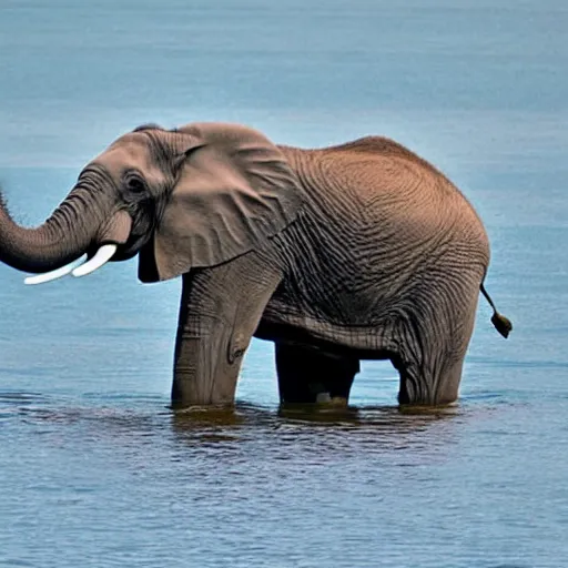 Prompt: an elephant standing on a boat wearing a fisher's hat.