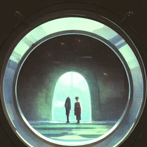 Prompt: Perspective Through the spaceship porthole window, wide shot, broad detail, outside there is a shadow monster by Greg Rutkowski