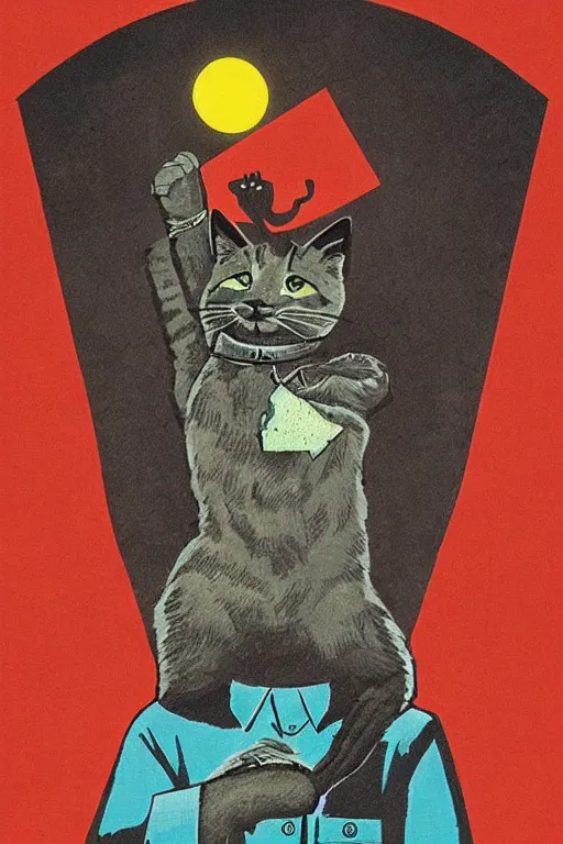 Prompt: “Soviet propaganda poster with a working hero cat, in the style of Dmitry Moor”