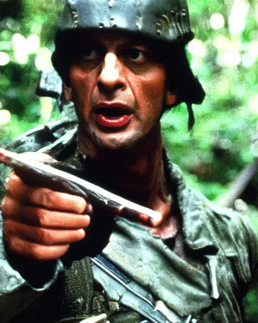 Image similar to Jeff Goldblum as Major Dutch in Predator, 1987, movie still