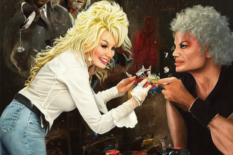 Image similar to portrait of dolly parton removing chewing gum from michael jacksons hair, an oil painting by ross tran and thomas kincade