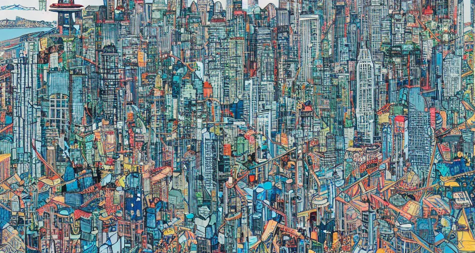 Image similar to Seattle skyline, by james jean