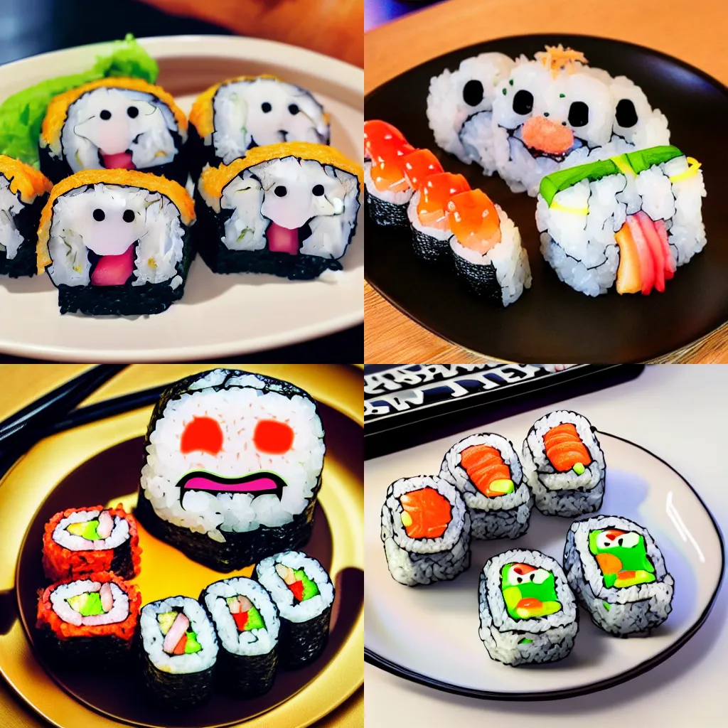 Prompt: a plate of California roll sushi with a 3d screaming face, stylized caricature, mortified at its existence, on a reflective gold, hyper realistic, 4k, cinematic lighting, smooth, funny, Instagram meme