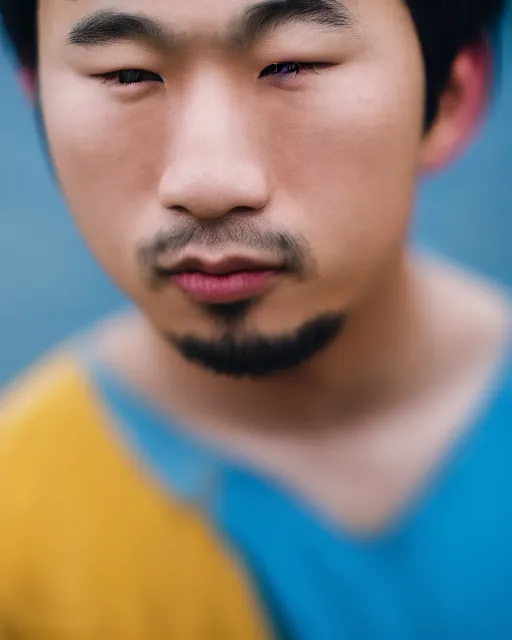 Image similar to gold, blue, photo of an asian male, 8 5 mm f 1. 8