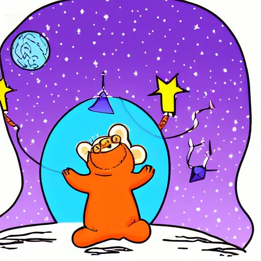 Image similar to cartoon illustration of a bear mascot being launched from a futuristic marble planet, purple and orange cloudland