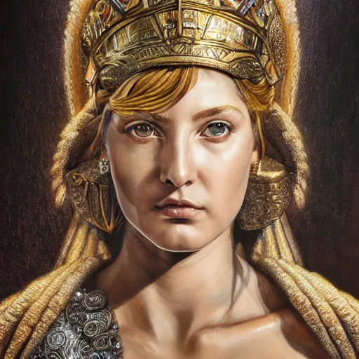 Image similar to hyperrealistic mixed media painting of beautiful goddess Athena, stunning 3d render inspired art by P. Craig Russell and Barry Windsor-Smith, perfect facial symmetry, dim volumetric lighting, 8k octane beautifully detailed render, post-processing, portrait, extremely hyper-detailed, intricate, epic composition, brown eyes, realistic realistic realistic eyes, cinematic lighting, masterpiece, trending on artstation, detailed detailed detailed, masterpiece, stunning