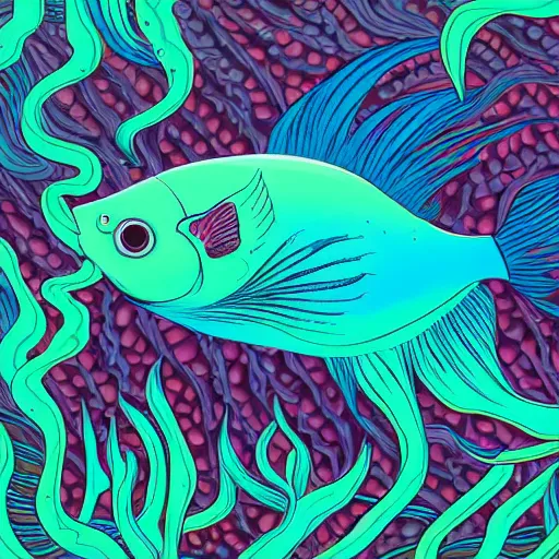 Image similar to one stylized fish with saturated colors in the very desaturated ocean viewed in profile, seaweed, background with complex patterns, sparkles, artstation, intricate, realistic, highly detailed, digital painting, concept art, sharp focus, illustration by tom whalen and charles williams and kilian eng and james jean