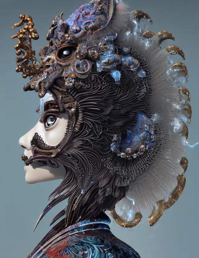 Image similar to 3 d goddess close - up profile portrait biomechanics with ram skull. beautiful intricately detailed japanese crow kitsune mask and clasical japanese kimono. betta fish, jellyfish phoenix, bio luminescent, plasma, ice, water, wind, creature, artwork by tooth wu and wlop and beeple and greg rutkowski