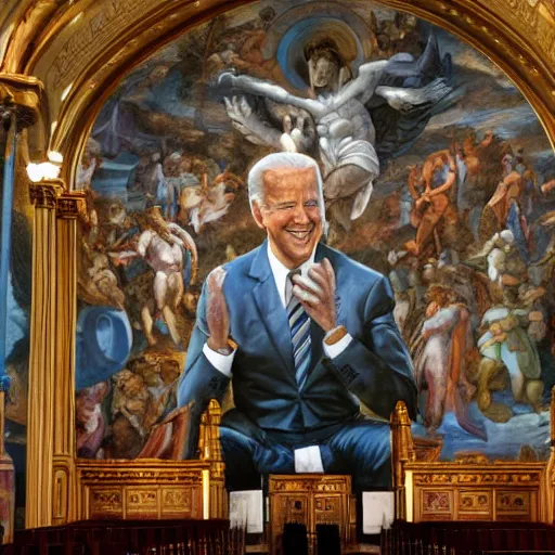 Image similar to a church mural depicting joe biden as a god, 4 k, highly detailed, painted by michelangelo