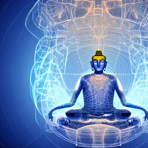 Image similar to robotic lifeform buddha meditating in front of a beautiful fractal neural network :: depth of field