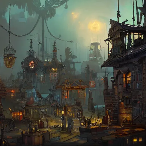 Prompt: A Complex steampunkVillage, art by Nathan Fowkes , art station, colorkey scene,