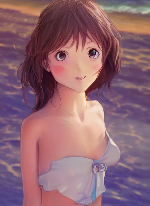 Image similar to girl at a beach, happy, beautiful, finely detailed, made by ross tran, studio ghibli, full body portrait, illustration, shinny water, shinny sand, sunny, anime, front view, perfect anime face, realistic face, zoomed out, smooth, blue eyes, high waisted shorts, sharp focus