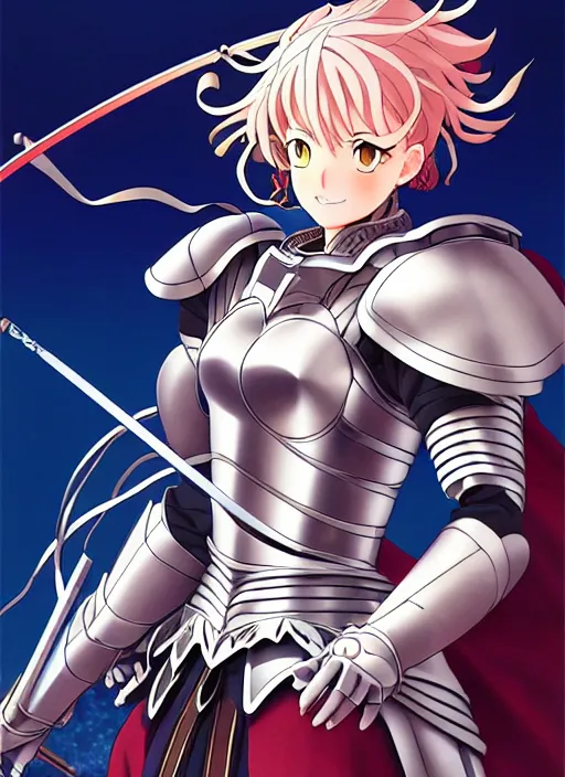 Image similar to key anime visual portrait of a woman knight in ceremonial armor, dynamic pose, cinematic, film grain, designed by yoh yoshinari, detailed, intricate, at night