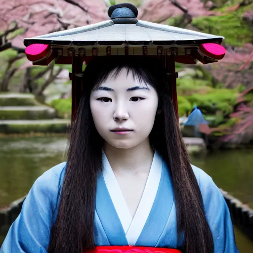 Image similar to face photo of a japanese shrine maiden, young beautiful woman, award winning photo, stunning scenery, high definition, 8 k, dynamic lighting