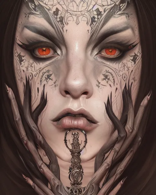 Image similar to portrait of a satanic witch, tattooed face, upper body, decorated, intricate, elegant, highly detailed, digital painting, artstation, concept art, smooth, sharp focus, illustration, art by artgerm and greg rutkowski and alphonse mucha, 8 k