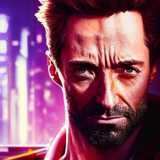 Prompt: hugh jackman portrait, cyberpunk 2 0 7 7, photorealistic, ultra detailed, neon, octane rendered, bokeh, cinematic lighting, cyber, cyberpunk city, studio quality, feature, scars, cyberface, 8 k