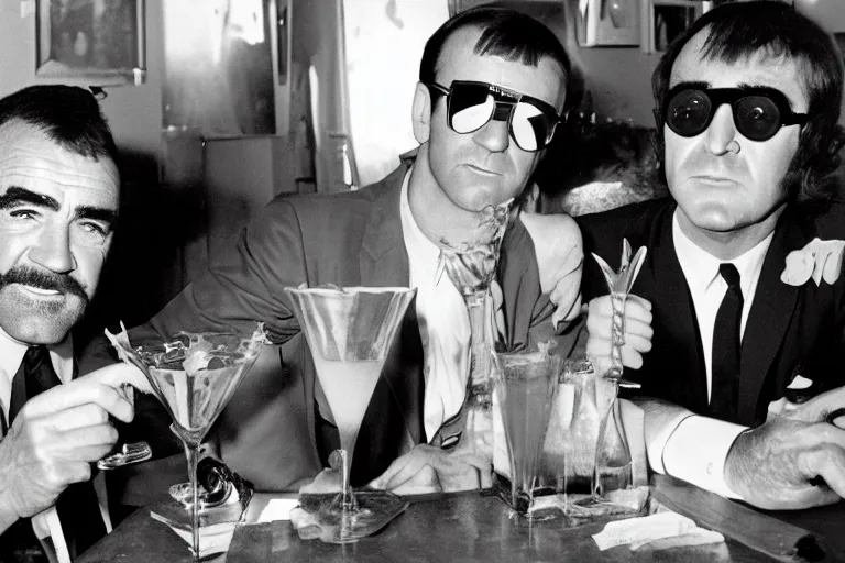 Image similar to sean connery and john lennon drinking martinis, color photograph, 1 9 6 0 s