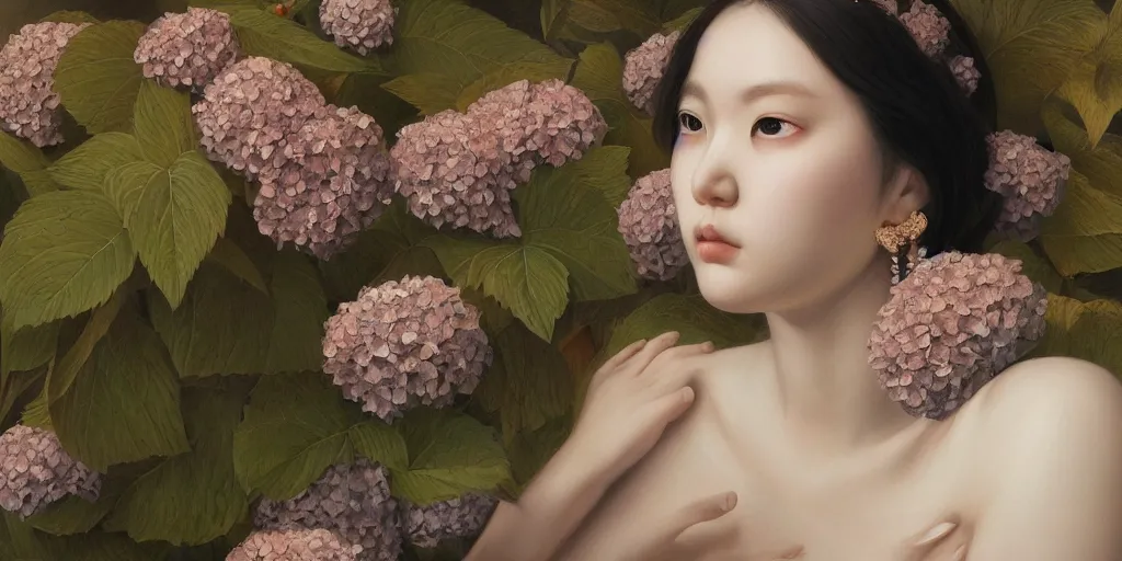 Prompt: breathtaking detailed concept art painting portrait of the goddess of hydrangea flowers, orthodox saint, with anxious piercing eyes, ornate background, amalgamation of leaves and flowers, by hsiao - ron cheng, volegov, extremely moody lighting, 8 k