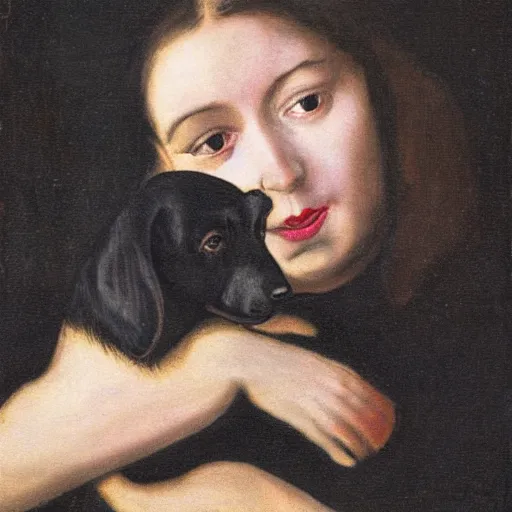 Prompt: a young woman holding a black dog