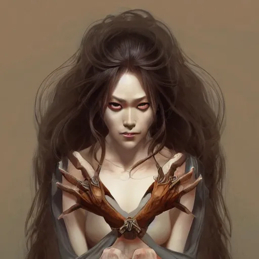 Image similar to japanese spider goddess, d & d, grey and brown color palette, highly detailed, digital painting, artstation, concept art, sharp focus, illustration, cinematic lighting, art by artgerm and greg rutkowski and alphonse mucha