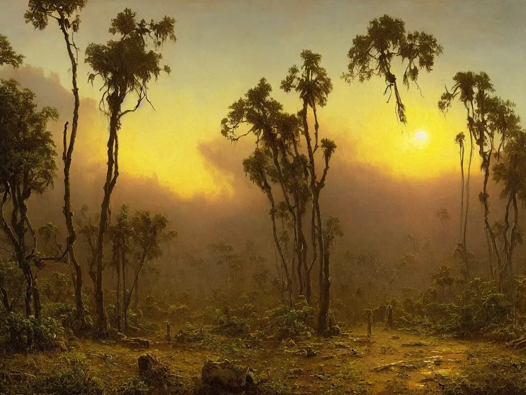 Prompt: a new dawn after a post apocalyptic california landscape after a nuclear war, foliage, plants, flowers, beautiful, sunrise lighting, beautiful painting, los angeles, painted by albert bierstadt