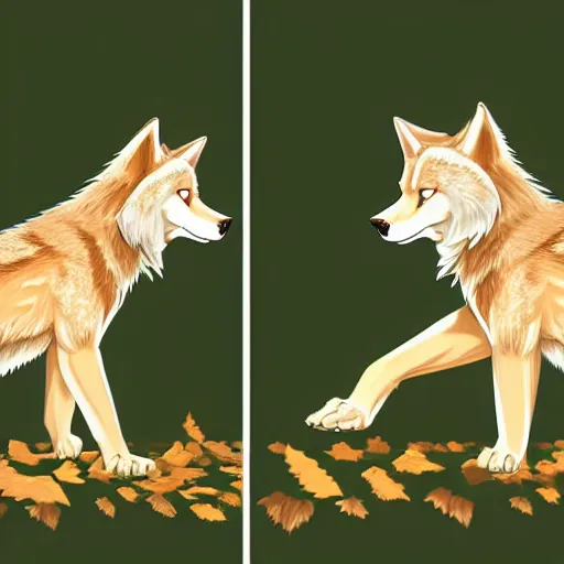 Image similar to professional stylized digital art of a full - body profile of a cream tibetan wolf, tan and light brown accents, fluffy, falling leaves, hd, 8 k, highly detailed, high quality, cute