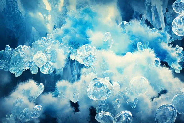 Image similar to simplicity, a flock of many puffy clouds tangled into large whirling ultra detailed clumps of crystal specimens, abstract environment, playful, award winning art, epic dreamlike fantasy landscape, ultra realistic,