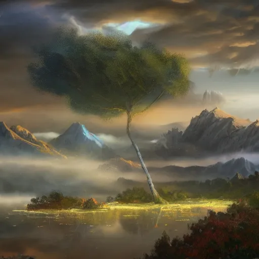 Image similar to bob ross comic book scene of an epic adventure through time, cinematic, realistic, beautiful scenery, matte painting, highly detailed, octane render, unreal engine, volumetric lighting
