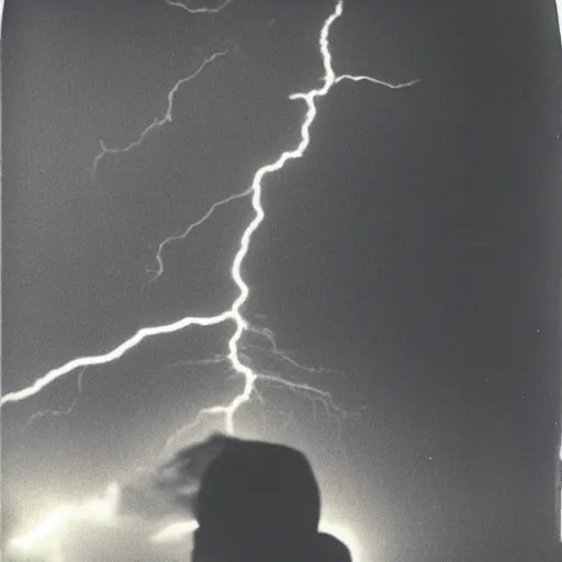 Image similar to low wide angle, old polaroid of a man being hit by a lighting strike in his head, black and white