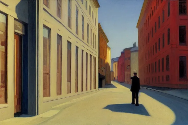 Prompt: the lonely streets of oslo, painting by edward hopper, award - winning, painting, calming, serene,