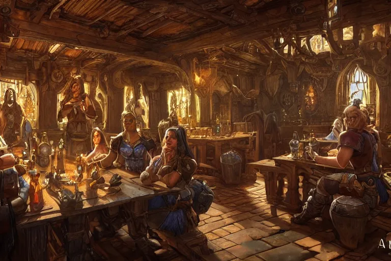 Prompt: ultra realistic illustration, medieval tavern interior from warcraft and d & d, intricate, elegant, highly detailed, digital painting, artstation, concept art, smooth, sharp focus, illustration, art by artgerm and greg rutkowski and alphonse mucha