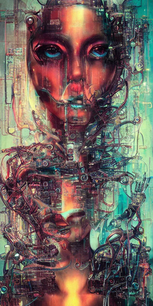 Prompt: portrait of computer & circuits, melting, demon queen, 8 k, by tristan eaton, stanley artgermm, tom bagshaw, greg rutkowski, carne griffiths, ayami kojima, beksinski, giger, trending on deviantart, face enhance, hyper detailed, minimalist, cybernetic, android, blade runner, full of colour, super detailed