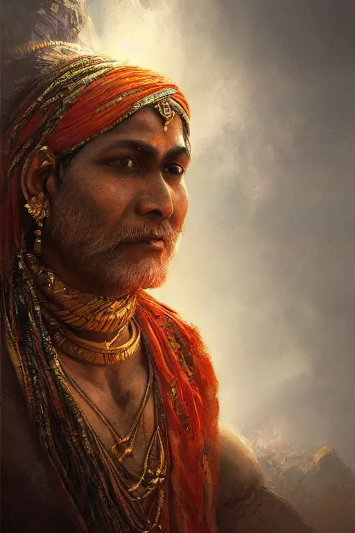 Image similar to indian god, close - up portrait, powerfull, intricate, elegant, volumetric lighting, scenery, digital painting, highly detailed, artstation, sharp focus, illustration, concept art, ruan jia, steve mccurry