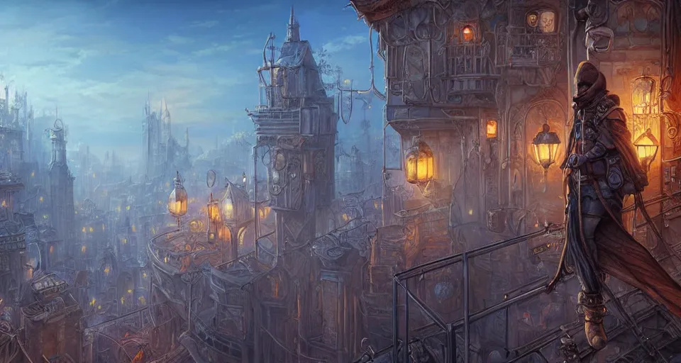 Image similar to landscape painting of fantasy metal steampunk city that has a light blue glow with walkways and lit windows and a fine detailed hooded thief in browns leathers climbing one of the tall buildings using a rope, fine details, magali villeneuve, artgerm, rutkowski