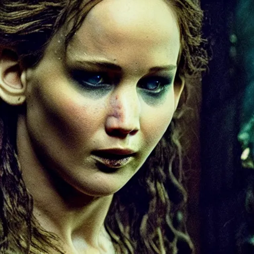 Image similar to jennifer lawrence as frankenstein's monster, color photography, sharp detail, still from the movie mary shelly's frankenstein