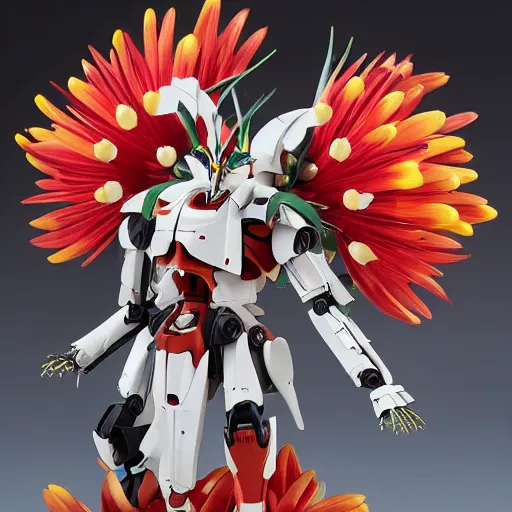 Prompt: futuristic leucospermum catherinae mecha protea pinwheel body, sepals forming helmet, floral details, leucospermum, 8 k hd resolution, barbatos gundam with floral inlay, bandai box art, star wars, makoto kobayashi, frank gehry, raymond swanland