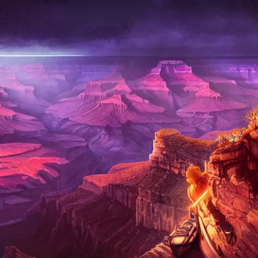 Prompt: the grand canyon filled with glowing futuristic cyberpunk skyscrapers at night with a starry sky, cinematic, wide angle establishing shot, fantasy, hyperrealism, greg rutkowski, tuomas korpi, volumetric light, octane render, photorealistic concept art, highly detailed, very intricate
