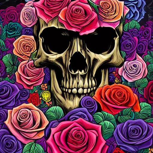 Image similar to large skull surrounded by vivid colorful roses, Jen Bartel, Dan Mumford, Satoshi Kon, gouache illustration