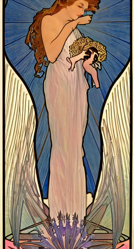 Prompt: a tarot card of a woman, hovering over water with angel wings and she is pouring water between two cups. illustrated in an art deco style by alphonse mucha and an elegant border by tamara de lempika. | studio lighting | digital painting, stunning lighting, trending on artstation