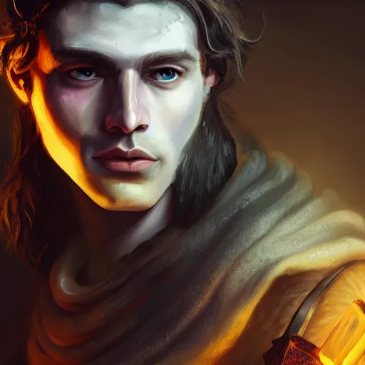 Prompt: an close up oil art portrait of young handsome pale aasimar, grim dark satyr wizard from gwent cards, young bard with music magic character design from rainbow six siege, 4 k, ultra detail, volumetric lighting, unreal engine, octane render