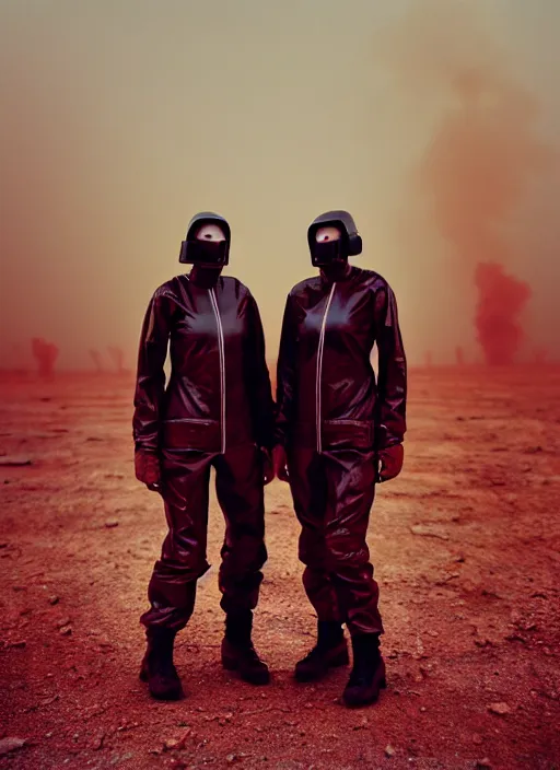 Image similar to photographic portrait shot on cinestill 5 0 d of two loving clones, techwear women on a desolate plain with a red sky, a brutalist dark metal facility in the background, dust storm, 3 5 mm, 8 k, depth of field, high resolution, ultra realistic faces