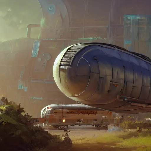 Prompt: A futuristic flying solarpunk overgrown scientific cargo airship on a sunny day, solar panels, art by Andreas Rocha and greg rutkowski, highly detailed, digital painting, matte painting, concept art, illustration, warm lighting, trending on artstation, very detailed