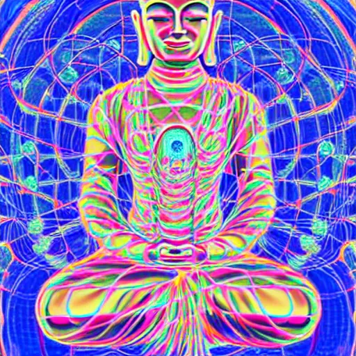 Image similar to robotic lifeform buddha meditating in front of a beautiful fractal neural network