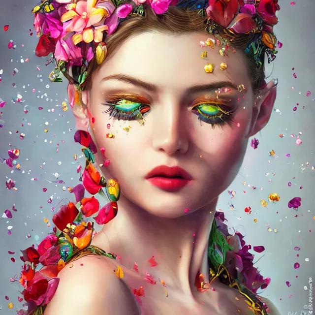 Prompt: studio portrait absurdly beautiful, elegant, lovely, young hypercolorful sensual russian woman rubies red petals gems, ultrafine hyperrealistic detailed face illustration by kim jung gi, irakli nadar, intricate linework, sharp focus, bright colors, matte, octopath traveler, final fantasy, unreal engine highly rendered, global illumination, radiant light, intricate rainbow environment