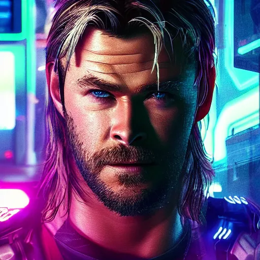 Prompt: chris hemsworth portrait, cyberpunk 2 0 7 7, cyberpunk, photorealistic, ultra detailed, neon, octane, bokeh, cinematic lighting, cyber, cyberpunk city, studio quality, feature, scars, cyberface, 8 k