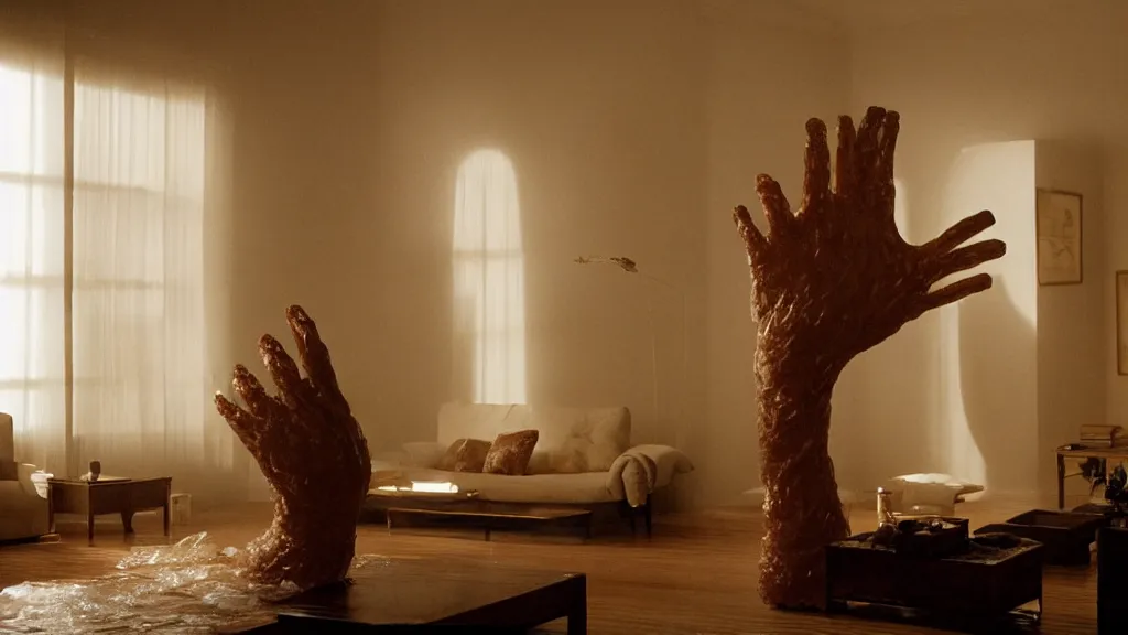 Image similar to a giant hand made of wax and water floats through the living room, film still from the movie directed by Denis Villeneuve with art direction by Salvador Dalí, wide lens